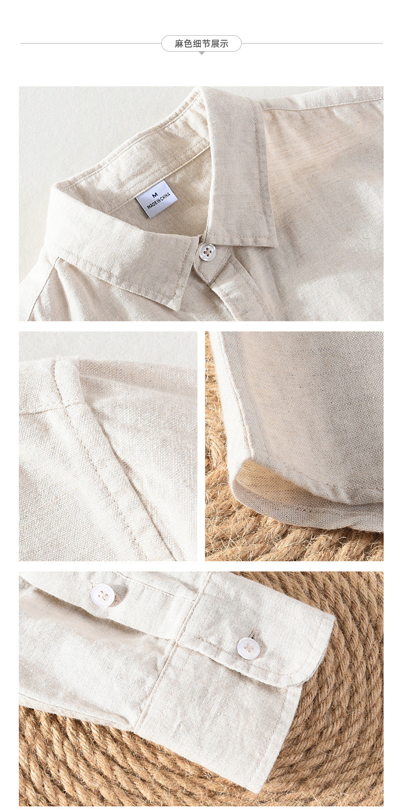 Spring And Summer Men's Linen White Long-sleeved Shirt