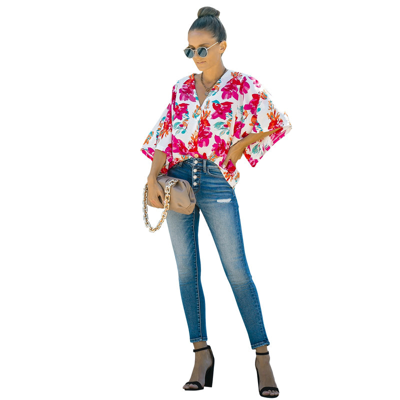 European And American Women's Five-quarter Sleeve Loose Floral Shirt