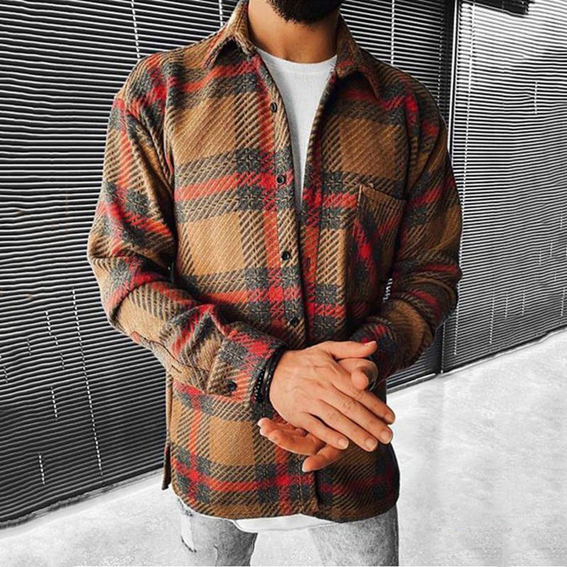 Spring And Autumn Men's Color Block Check Print Shirt