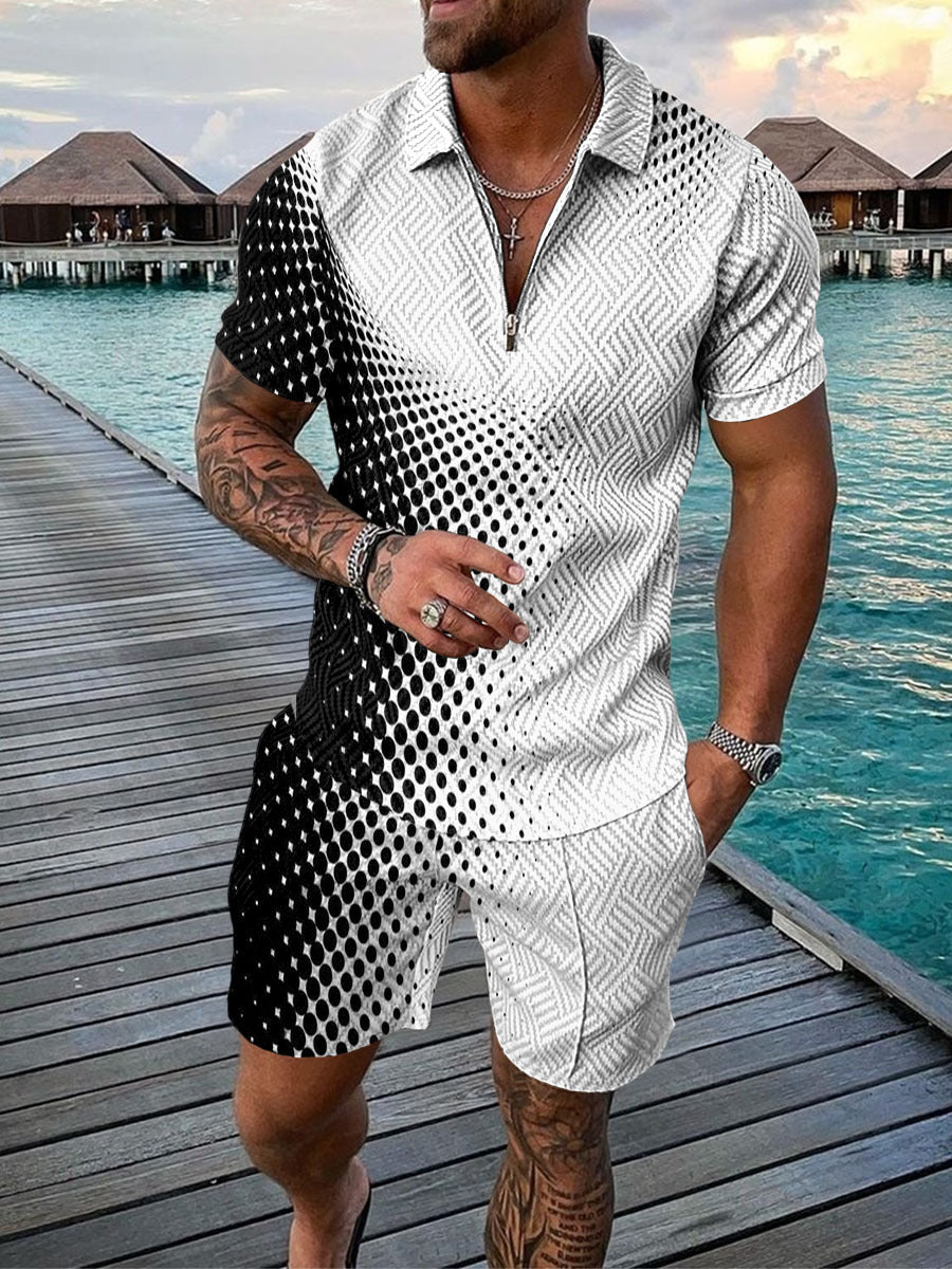 Men's Casual Color Contrast POLO Zip Lapel Shirt Short Sleeve Suit