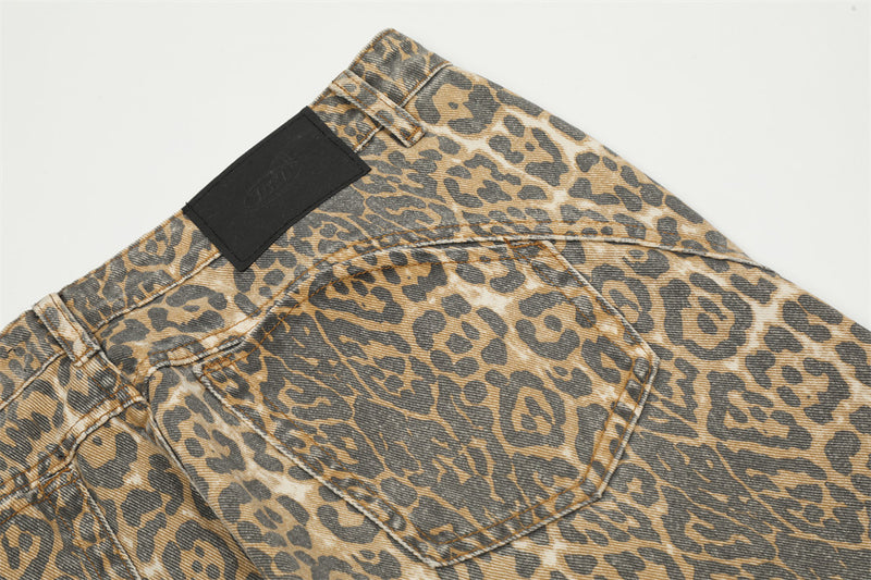 Pantalones rectos de pierna ancha holgados informales con lavado con estampado de leopardo