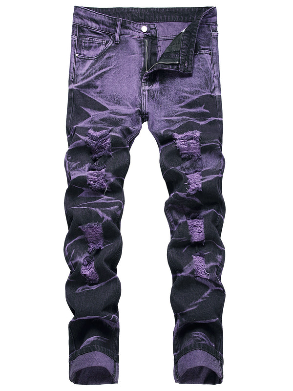 Purple And Black Fried Ripped Denim Trousers