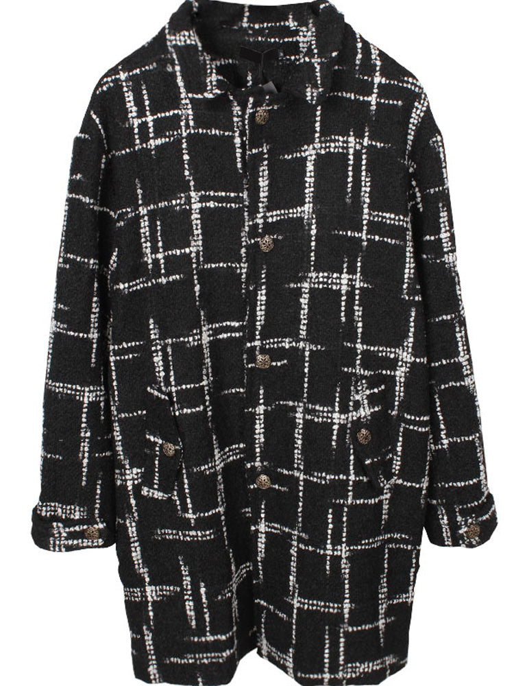 Black Plaid Mid-length Woolen Woven Coat