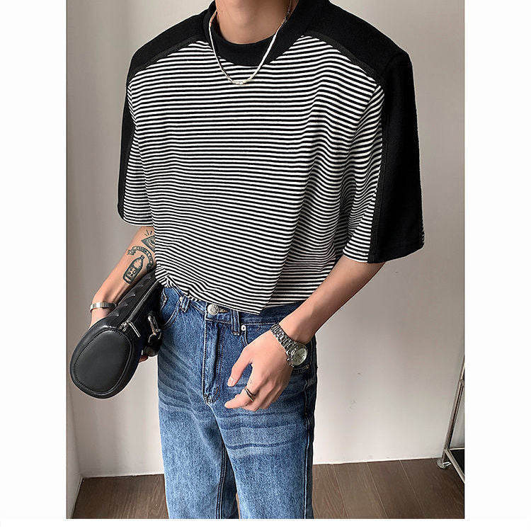 Men's Striped Stitching T-shirt With Shoulder Pads