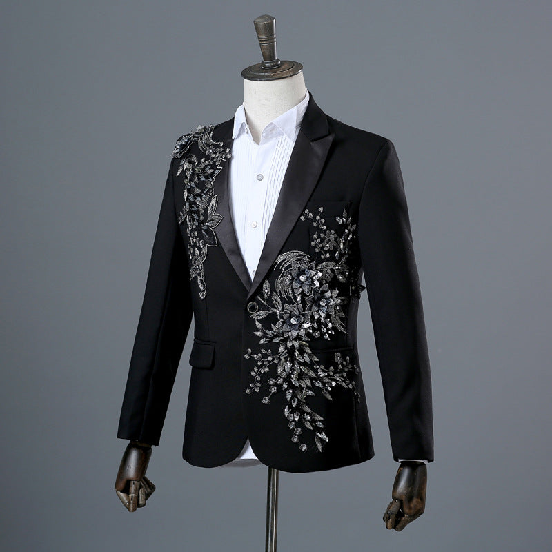 Crystal Embroidery Flowers Stage Singer Suit Jacket Bar Wedding Suit blazer