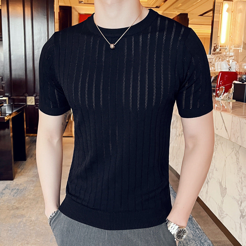 Hollow-out Half-sleeved Ice Silk Crew Neck T-shirt