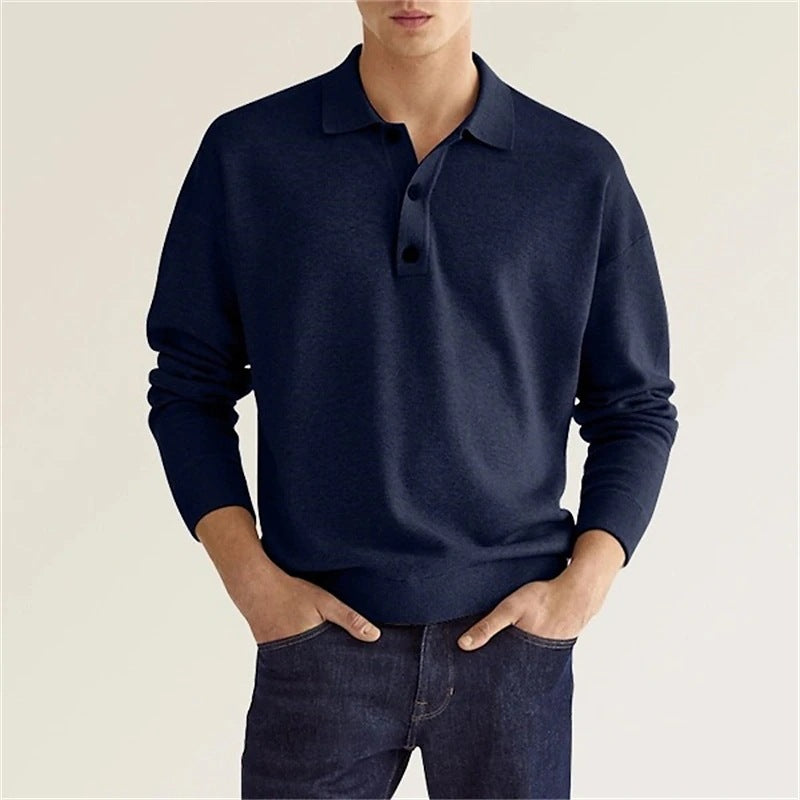 Long Sleeve V-neck Button up Men's Casual Top Polo Shirt