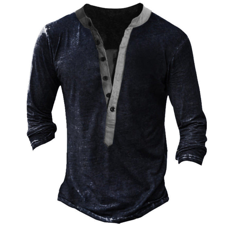 Casual V-neck Long Sleeve Digital Print Slim Pullover Men's shirt