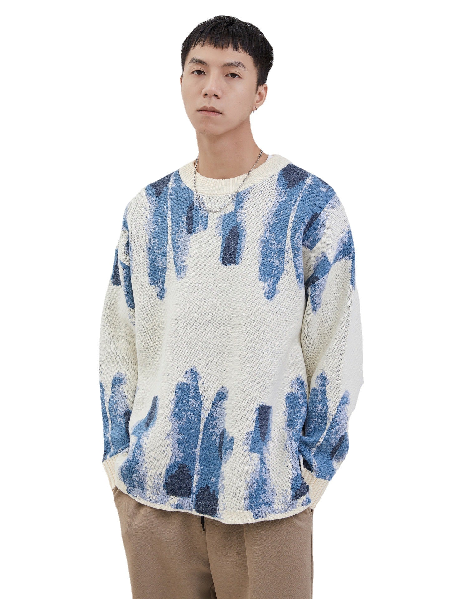 Maglione casual in maglia larga con motivo jacquard acquerello graffiti blu