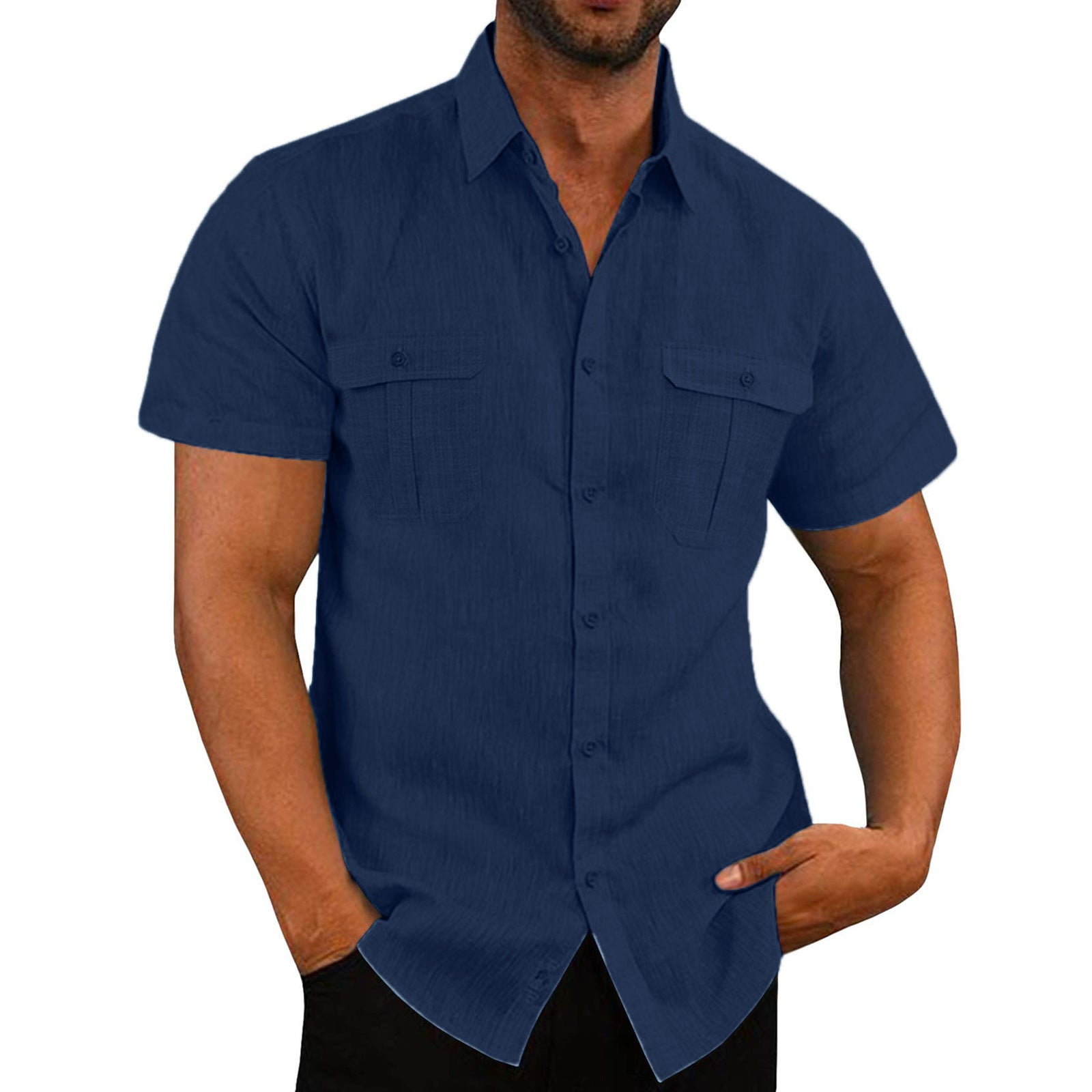 Double Pocket Wide Collar Beach Shirt Summer