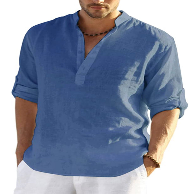 Men's Casual Cotton Linen Stand Collar Summer Shirt