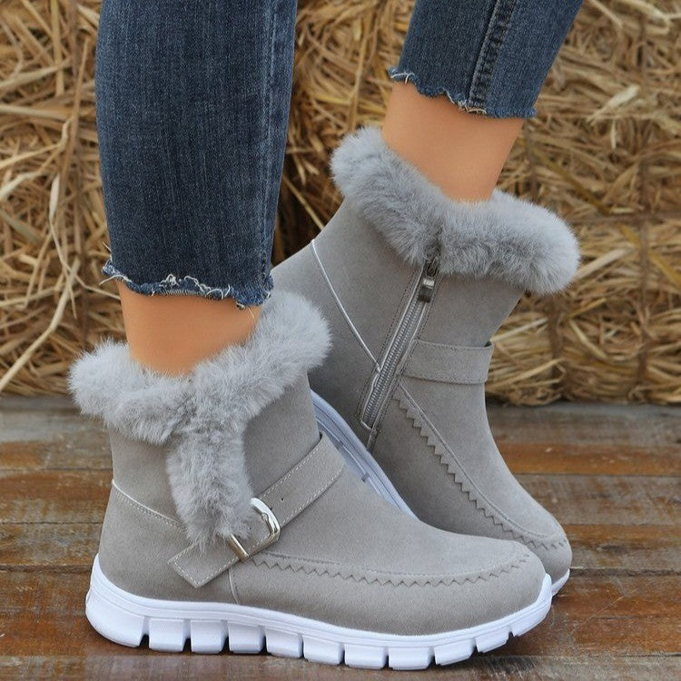 Snow Boots Winter Warm Thickened Plush Ankle Boots With Buckle Design Plus Velvet Flat Shoes For Women