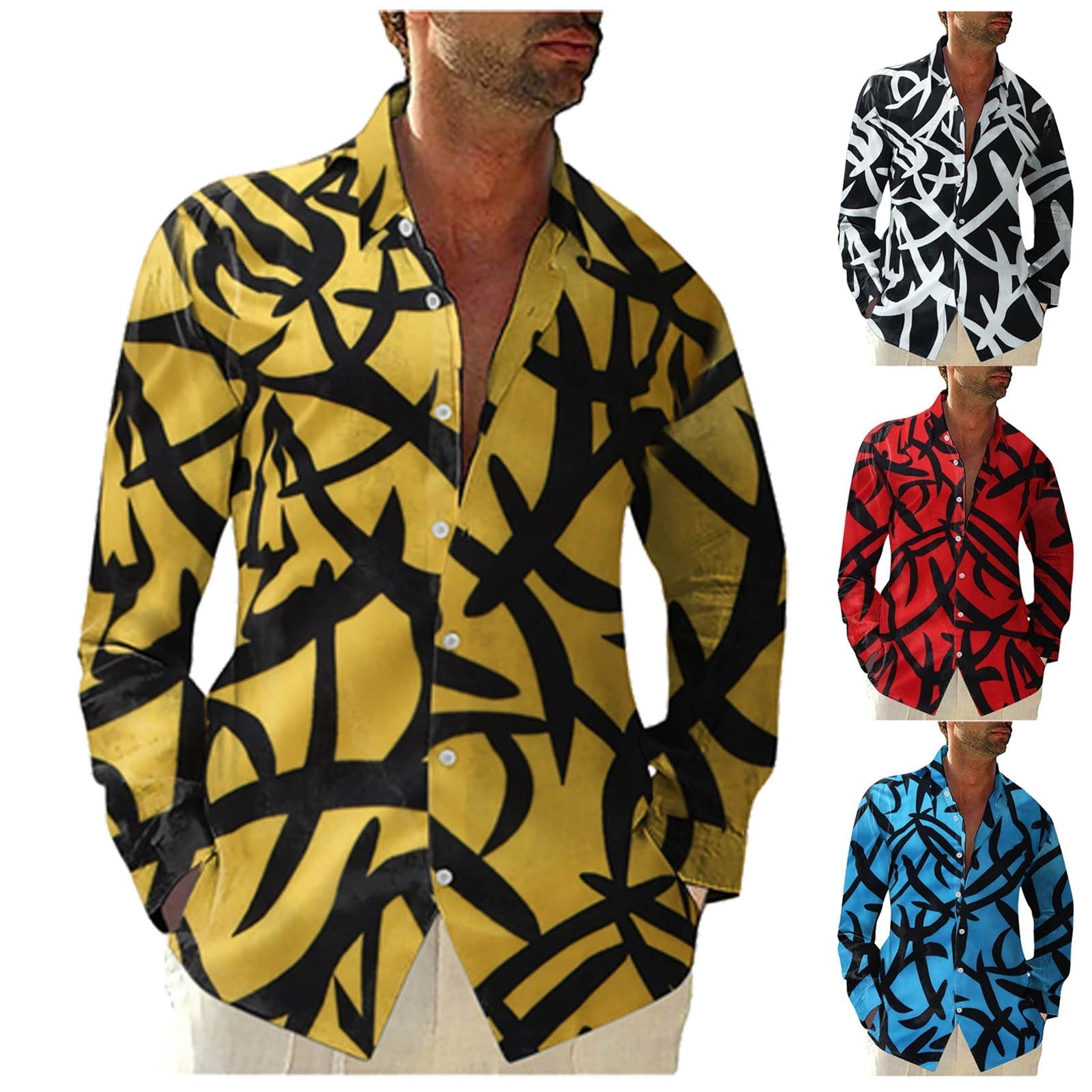 Men's Beach Print Casual Loose Long Sleeve shirt