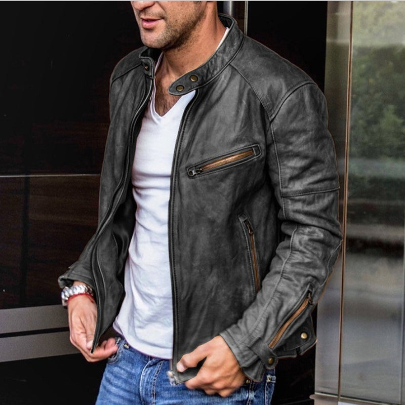 Fall Winter Men PU Leather Stand Collar Punk jacket