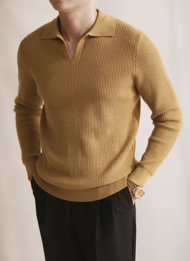 Textured Buttonless Knit Long Sleeve Polo Shirt