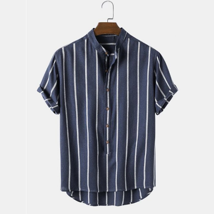 Striped Men's Stand Collar Short Sleeve Shirt Men