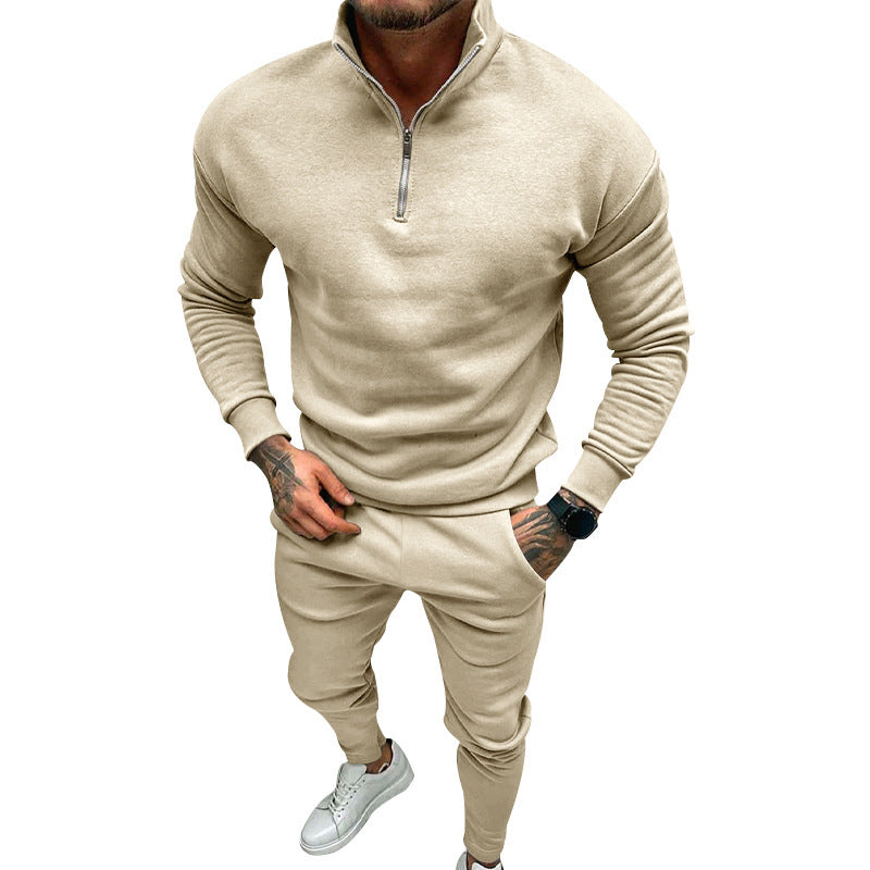 Men's Casual Fleece-lined Solid Color Top And Trousers Suit