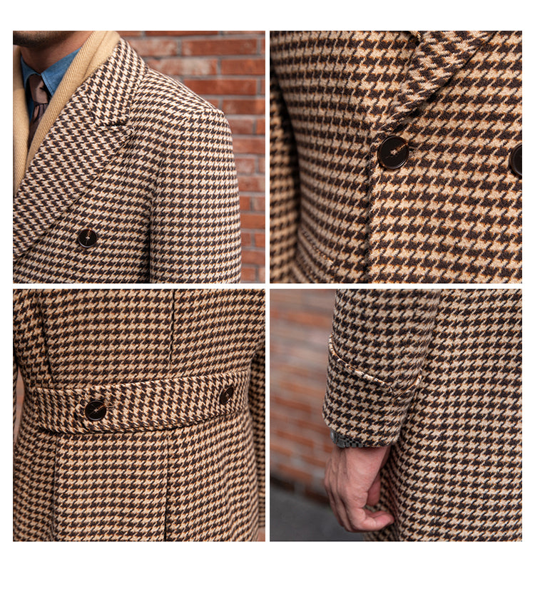 Double Breasted Thick Houndstooth Vintage plaid trench coat