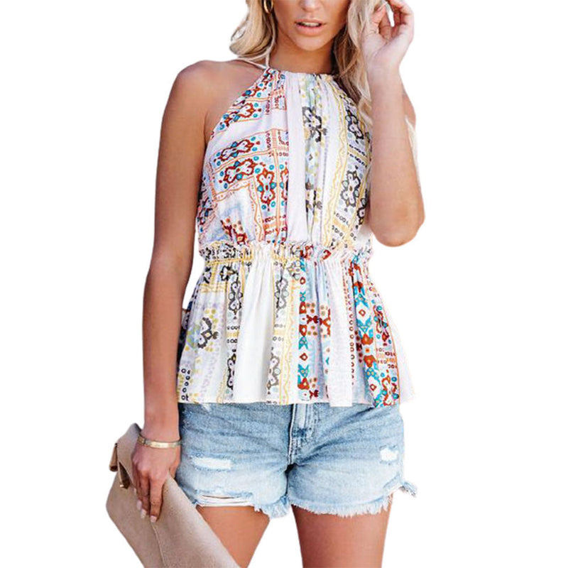 Summer Halterneck Print Vest Shirt Women's Top