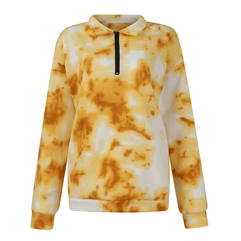 Tie Dye Printed Zippered Lapels Sweatshirt Womens