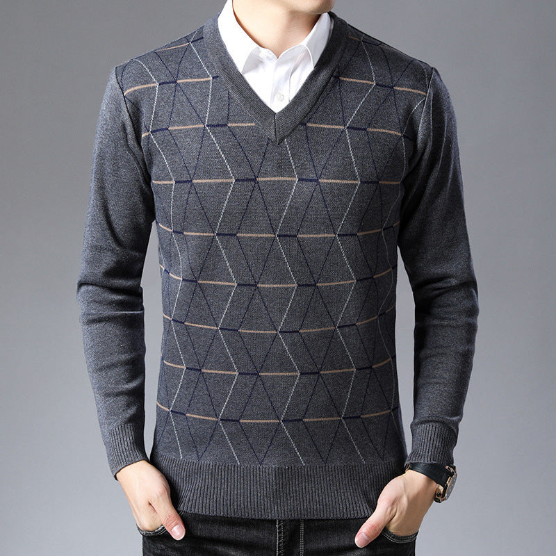 Maglione spesso da uomo a maniche lunghe in jacquard con scollo a V