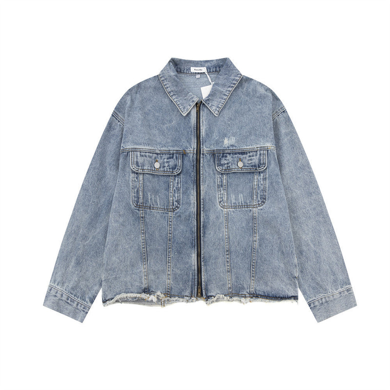 High Street Tide Wash Raw Edges Design Lapel Denim Jacket