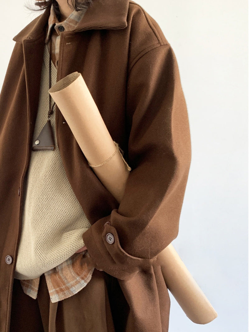 Japanese-style Retro Brown Woolen trench Coat