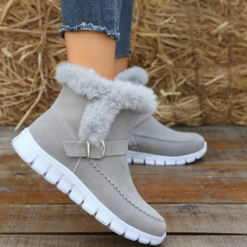 Snow Boots Winter Warm Thickened Plush Ankle Boots With Buckle Design Plus Velvet Flat Shoes For Women