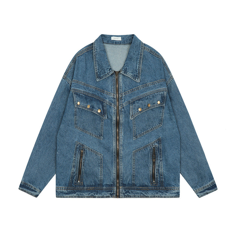 Punk Old Wash Denim Coat For Men And Women