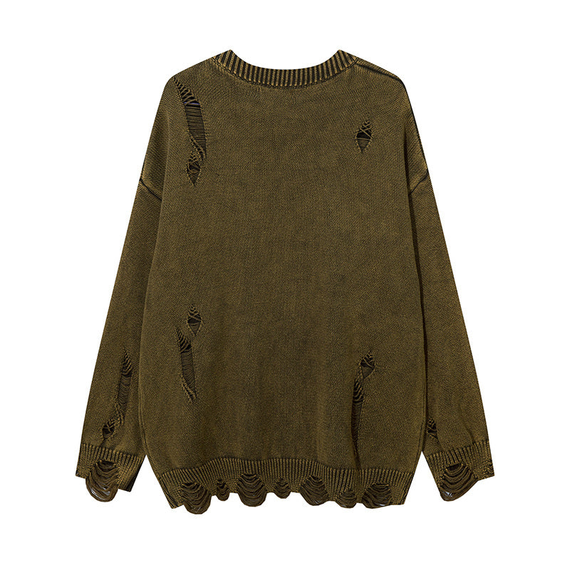 Heavy-duty Washed Old Ripped Round Neck Sweater