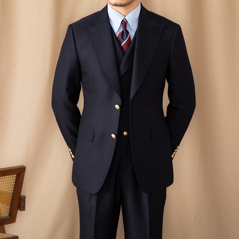 Men's Casual Gentleman Lapel Navy Blue Slim Three-piece Suit