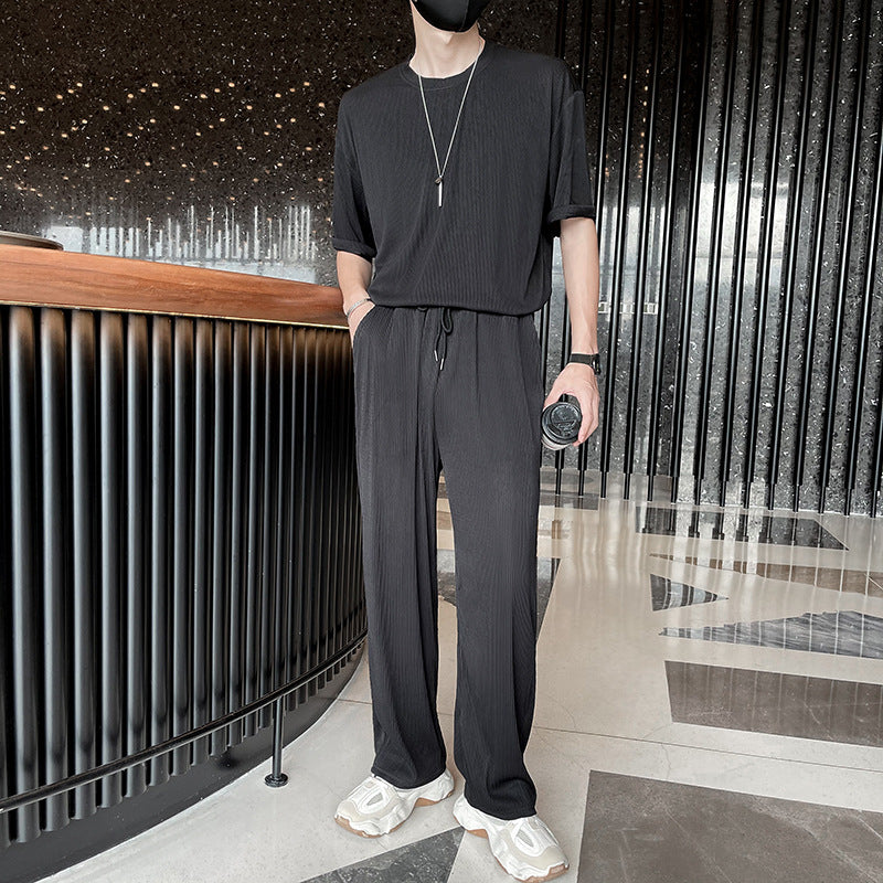 Loose Pleated Casual Ice Silk Thin Elastic Breathable Suit men