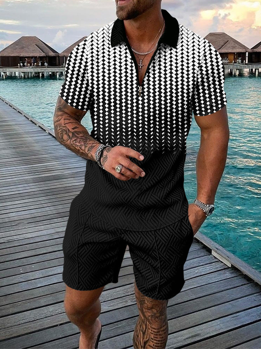 Men's Casual Color Contrast POLO Zip Lapel Shirt Short Sleeve Suit