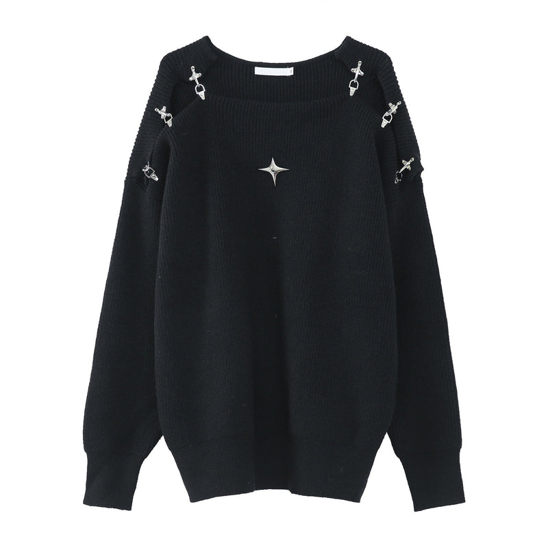 Korean Style Metal Buckle Hollow Design Knitted Sweater