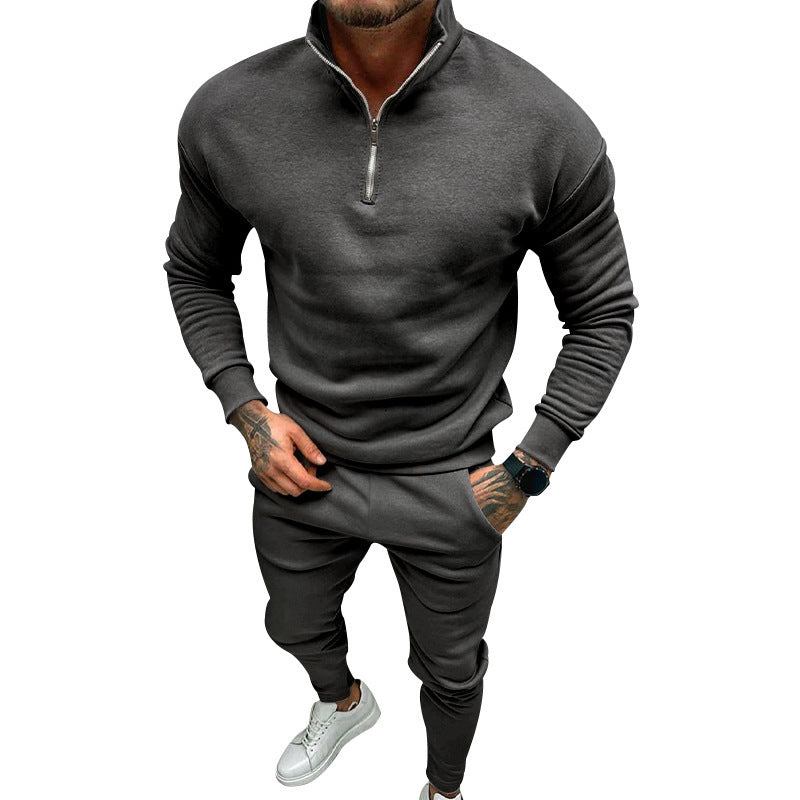 Men's Casual Fleece-lined Solid Color Top And Trousers Suit