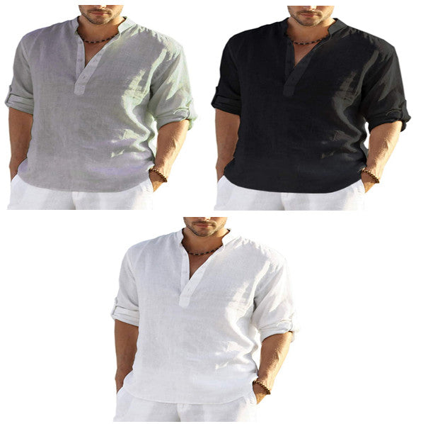 Men's Casual Cotton Linen Stand Collar Summer Shirt