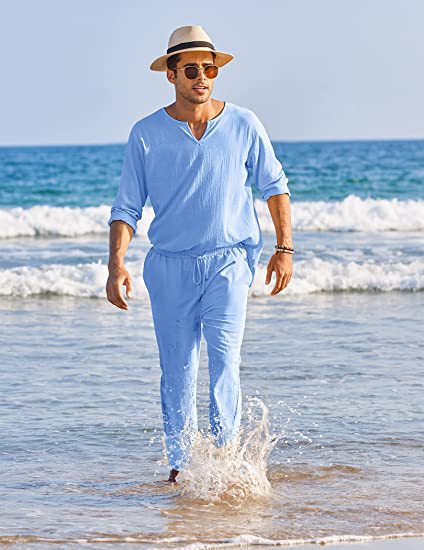 Men's Casual Solid Color Elastic Cotton Linen Two-Piece Suit