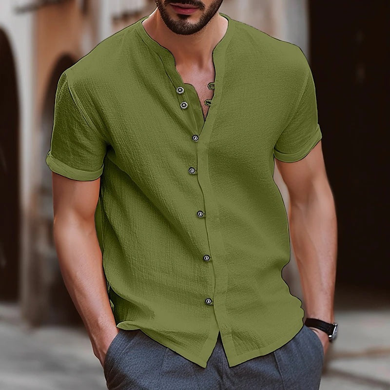 Men's Retro Cotton And Linen Casual Button Short Sleeves shirt