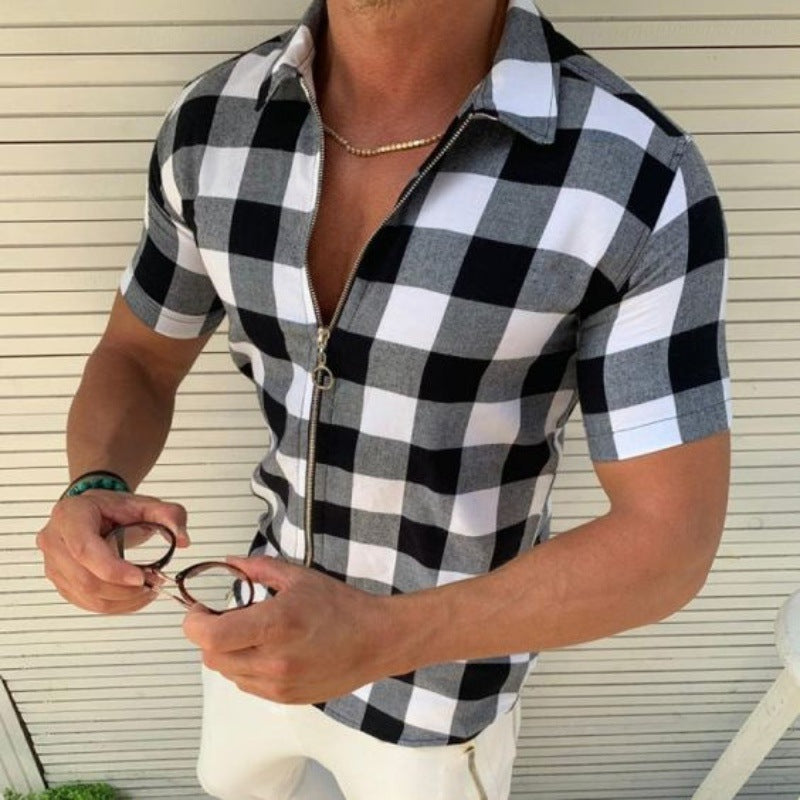 Plaid T Shirt Mens Zipper Summer