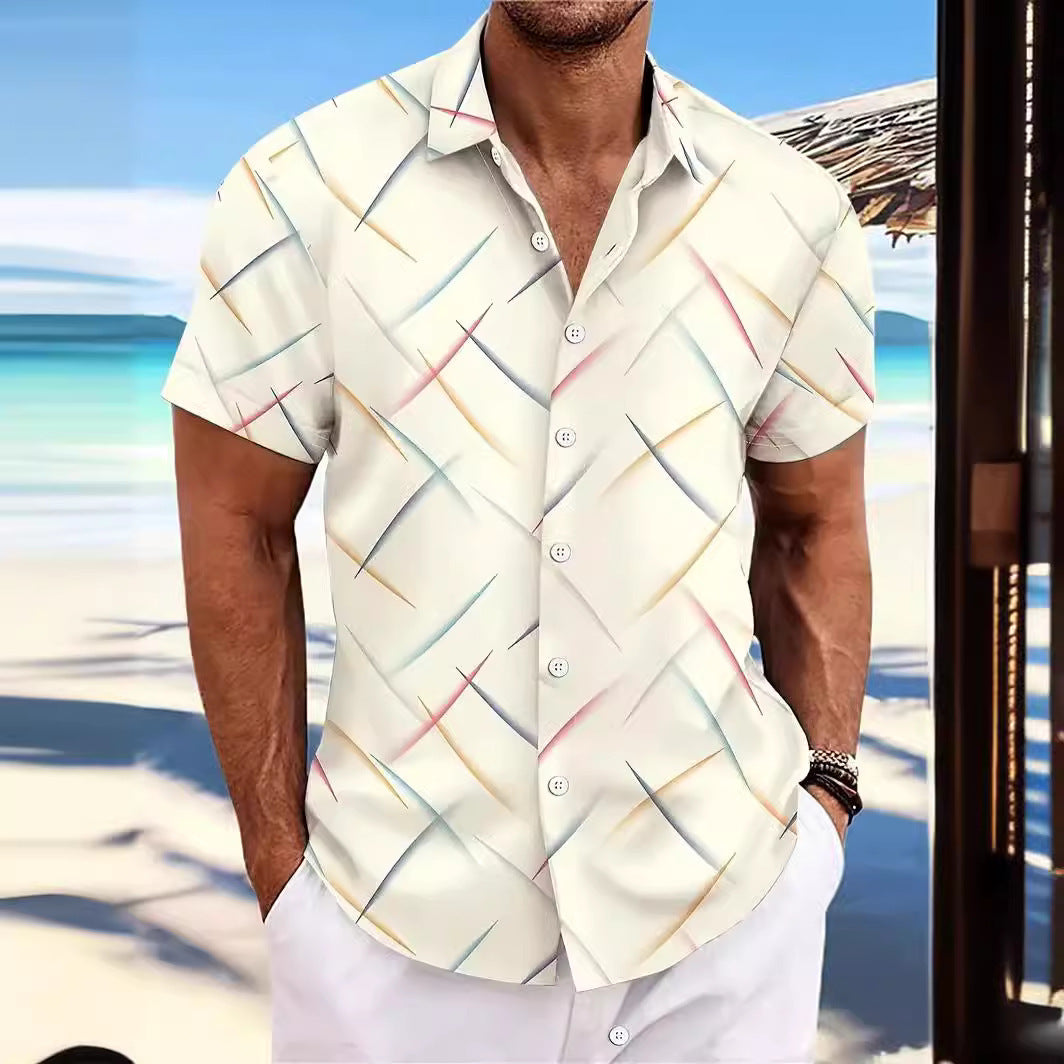 Summer Men's Striped Feather Casual Beach Short Sleeve Button Shirt