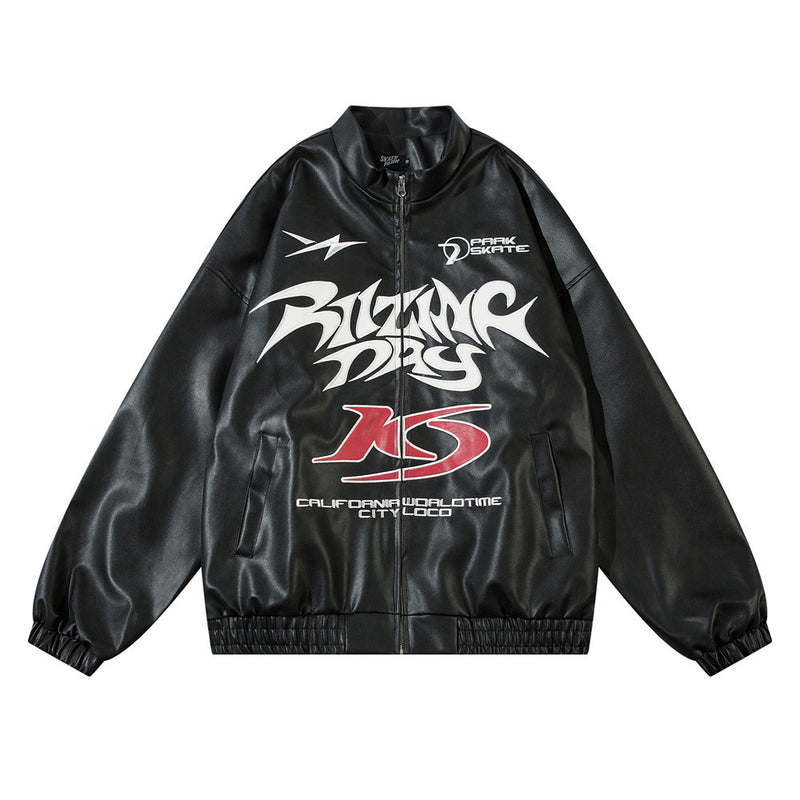 Gothic Letter Affixed Embroidered Motorcycle Leather jacket men