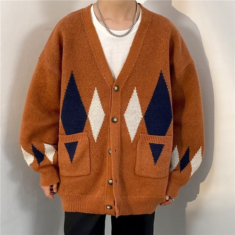 Maglione cardigan retrò a traliccio di diamanti Lazy Cappotto da uomo di alta qualità