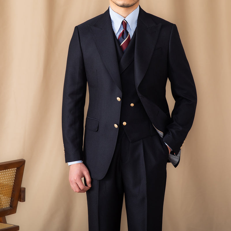 Men's Casual Gentleman Lapel Navy Blue Slim Three-piece Suit