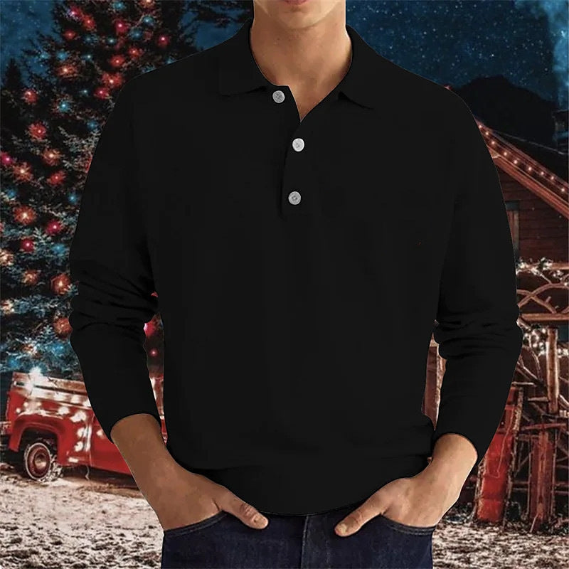 Long Sleeve V-neck Button up Men's Casual Top Polo Shirt