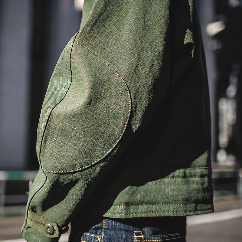 Chaqueta de moto de algodón lavada con agua verde militar para hombre