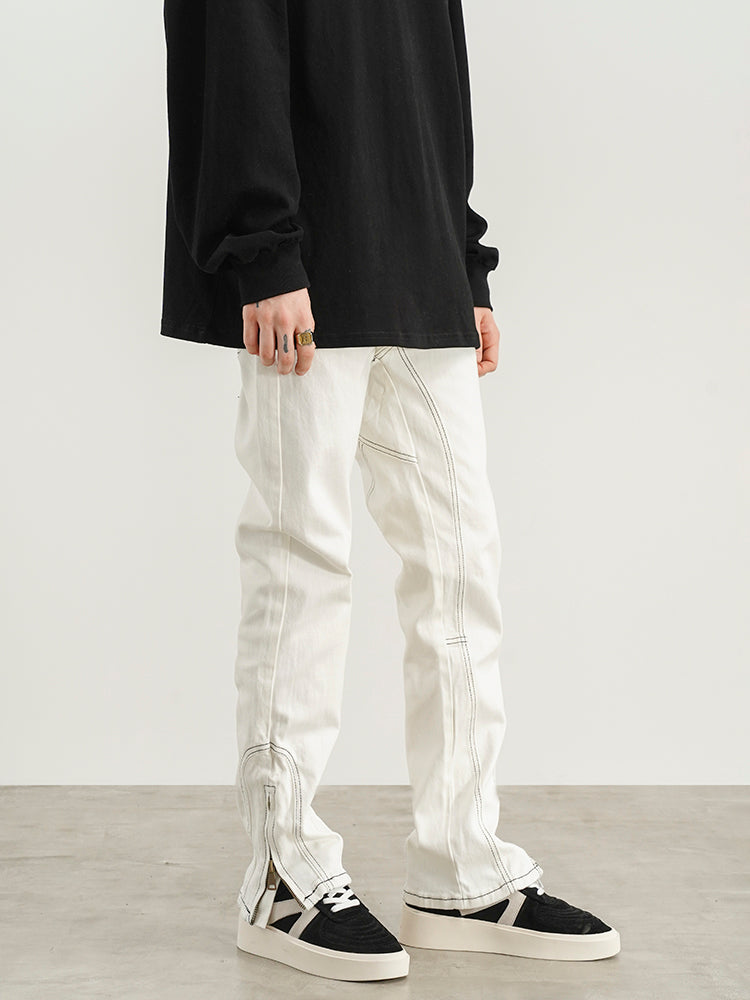 Three-dimensional Tailoring Of White Jeans With Contour Line Split Zipper