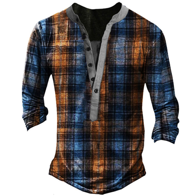Casual V-neck Long Sleeve Digital Print Slim Pullover Men's shirt