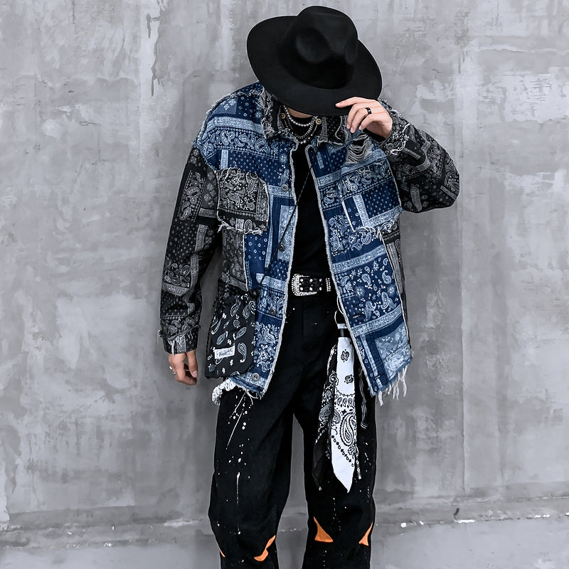 Stitching Contrast Cashew Flower Denim Jacket