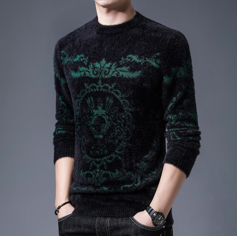 New Domineering Pattern Jacquard Thick Mink Wool Warm Sweater