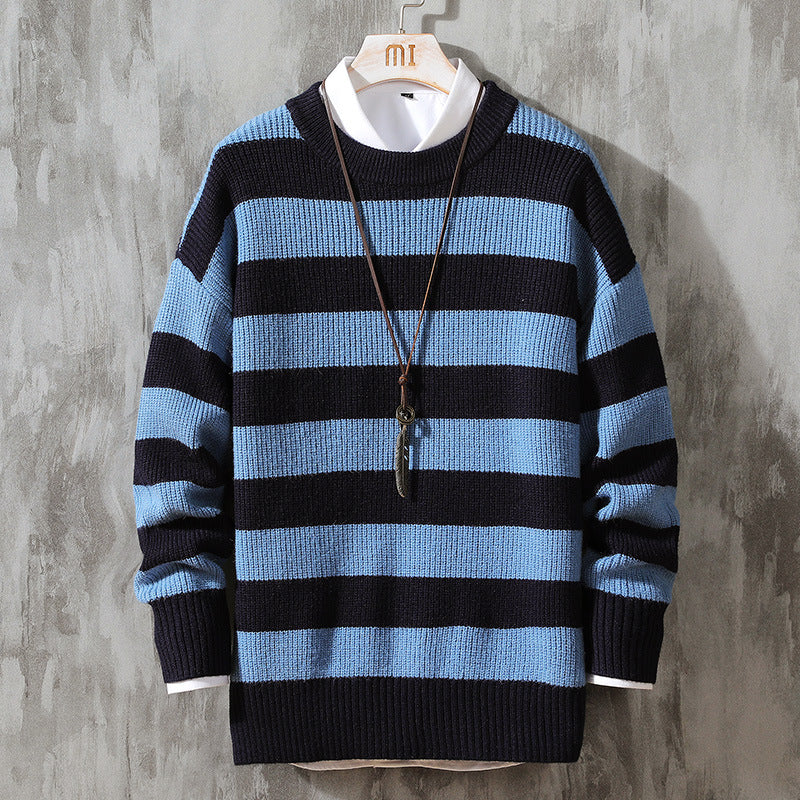Men's Round Neck Pullover Striped Sweater